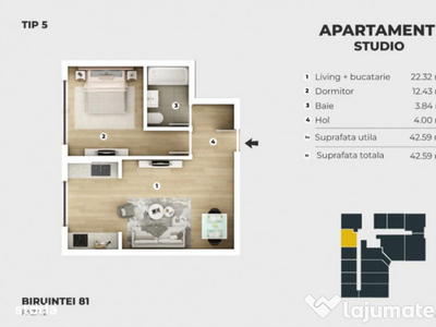 Apartament tip studio/ Piscina exterioara / Direct dezvoltat