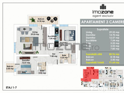 Apartament cu 3 Camere, Bucatarie Inchisa, 2 Bai, Doua Ba...