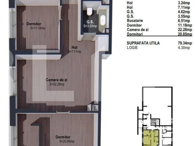 Apartament de 3 camere semifinisat, 79mp, bloc nou, zona linistita