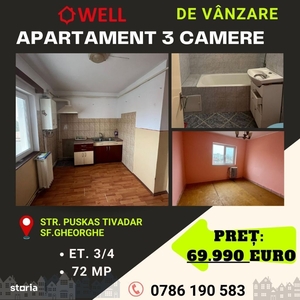 De vânzare apartament cu 3 camere în Sfântu Gheorghe, pe strada Puskas