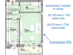 Apartament 1 camera, 41,45 mp, decomandat, Galata Iasi Sos. Voinesti