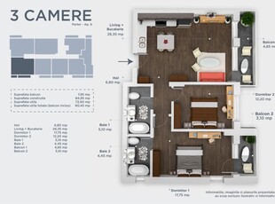 FINALIZAT | 3 camere TIP1, etaj 1, incalzire in pardoseala - Titan/Pallady