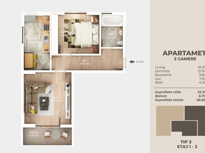 2 camere decomandat 59mp finisaje premium Titan