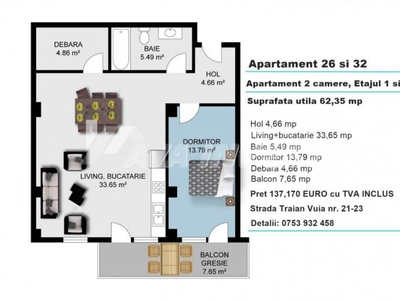 Apartament 2 camere, 62 mp, cartier Someseni. TVA inclus, COMISION 0