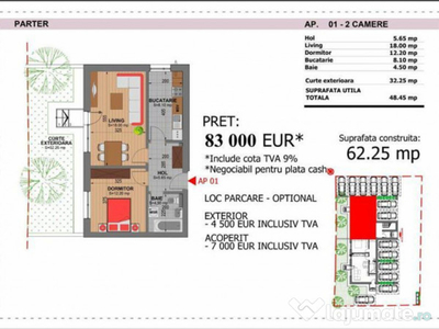 2 camere curte proprie bloc nou