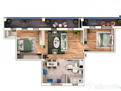 Apartament 3 camere, 2 bai, 71 mp, 24 mp balcon, parcare sub