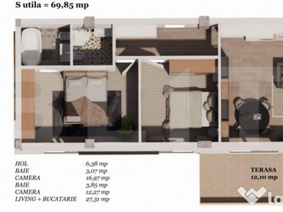 Apartament 3 camere, semifinisat, 70mp, zona Auchan