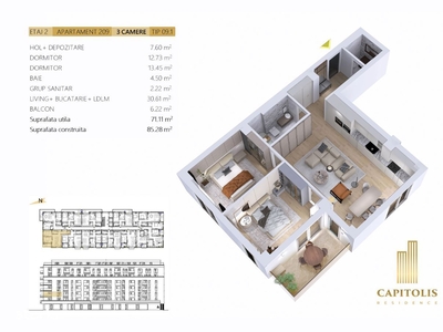 Apartament cu 3 camere, etaj intermediar, Capitolis Residence