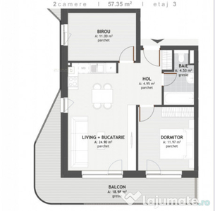 Apartament de 3 camere, 57.35 mp, balcon 18.98 mp, Zona Eroi