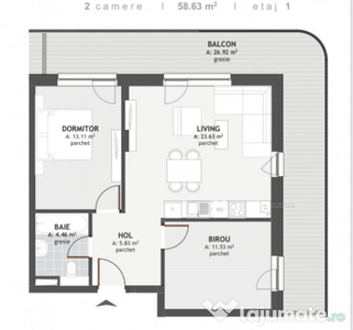 Apartament de 3 camere, 58.63mp, balcon 26.92mp, Zona Eroilo