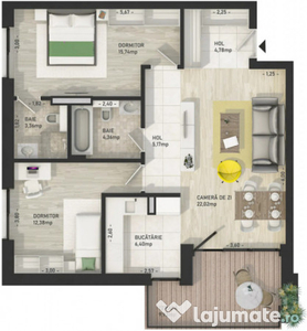 Apartament de 3 camere, 75 mp, Balcon 10 mp, Zona Centrala