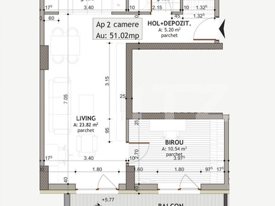 Apartament de 2 camere, etaj intermediar, 51.02 mp, semifinisat, Cartier Iris