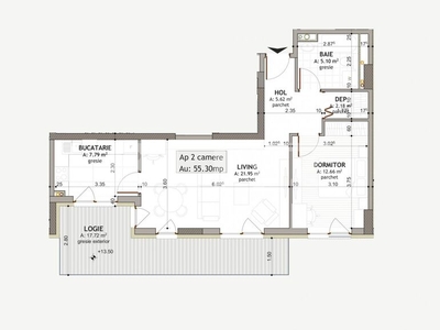 Apartament de 2 camere, semifinisat, 55.3 mp, etaj intermediar, Cartier Iris