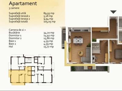 Apartament de 3 camere, 87,52mp utili, bloc nou, Buna Ziua