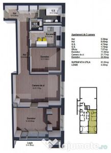 Apartament de 3 camere semifinisat, 81mp, bloc nou, zona lin