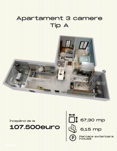 Apartament cu o camera, 30 mp plus balcon, Giroc