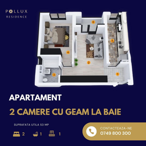 2 camere | bucătărie închisă | balcon | Acces Uverturii