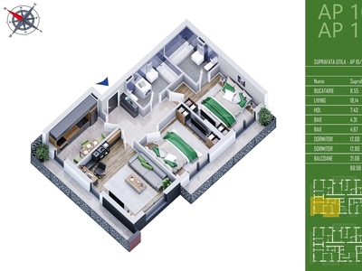 Apartament de 2 camere, 56 mp, loc de parcare, zona Atelierul de Pizza
