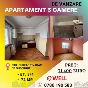De vânzare apartament cu 3 camere în Sfântu Gheorghe, pe strada Puskas Tivadar!