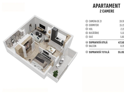 Apartament de 2 camere finisat, 55 mp, cartier rezidential nou!