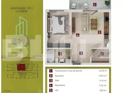 Apartament 2 camere, 45 mp, parcare subterana, Complex Beta