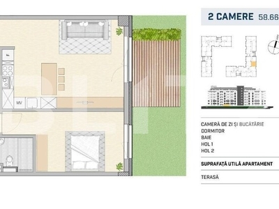 Apartament 2 camere, finisat, orientare estica cu gradina SEMICENTRAL