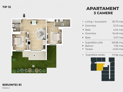 Apartament 3 camere Trei camere, comision 0%, curte proprie 42 mp Siena Res