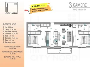 Apartament 3 camere 87 mpu | Proiect nou CITY NORD 1 Decembrie