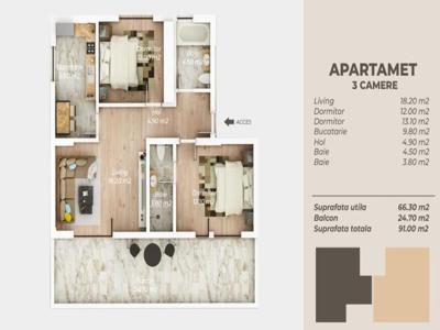 Apartament 3 camere, cu terasa!