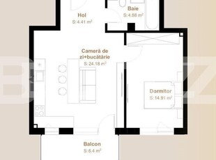 Apartament 2 camere, 48,38 mp + balcon ,6,4 mp, zona Vivo