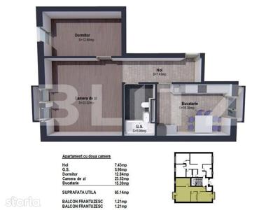Apartament de 2 camere semifinisat, 65.14mp, bloc nou, zona linistita