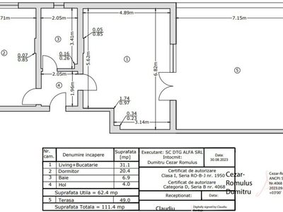 Apartament 2 camere Doua camere dec. 62 mp, terasa 49 mp