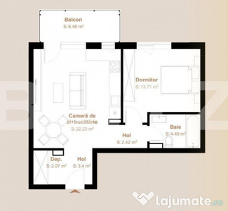 Apartament 2 camere, 48,68 mp + balcon 8 mp, zona Vivo