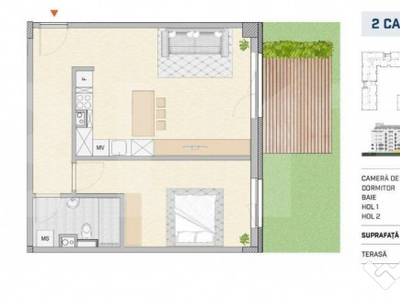 Apartament 2 camere, finisat, orientare estica cu gradina SE