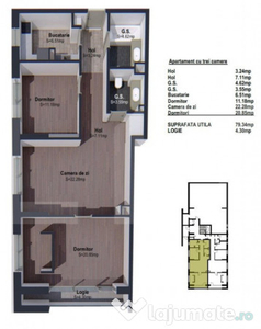 Apartament de 3 camere finisat, 79mp, bloc nou, zona linisti