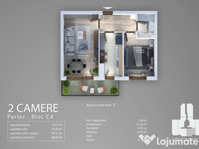 Apartament 2 Camere Decomandat Sector 4 Grand Arena 59.31Mp