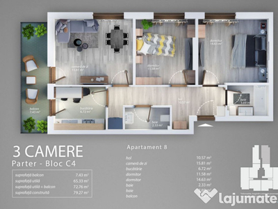 Apartament 3 Camere Decomandat Sector 4 Grand Arena 71.28Mp