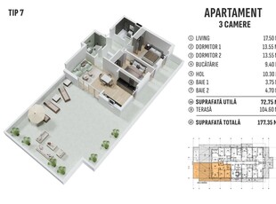 Apartament 3 camere ETAJ 1 Maratei Str.Lamaitei