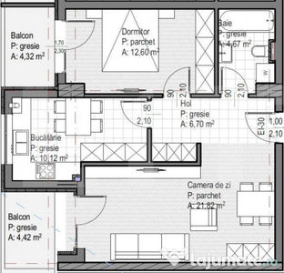 Apartament 2 camere finisat, 56 mp utili, 2 balcoane, etaj i