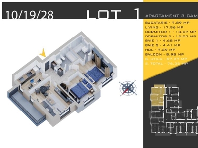 Apartament 3 camere, 76 mp, etaj 1, zona Pallady, metrou Nicolae Teclu