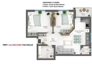 Westside Residence Otopeni, apartament 3 camere, 2 bai