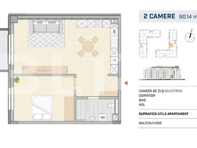 Apartament 2 camere 60mp, finisat, orientare VESTICA, SEMICENTRAL