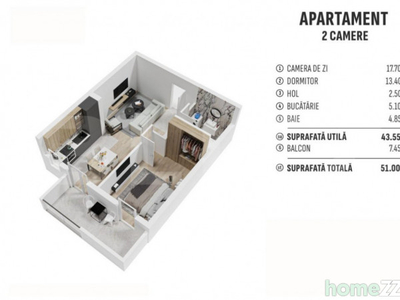 Apartament de 2 camere finisat