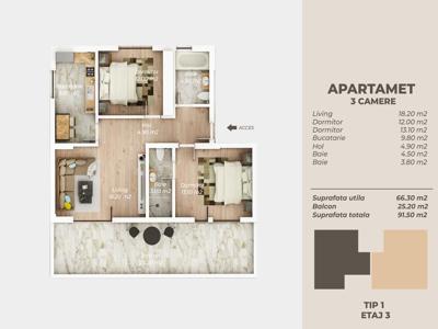 Apartament 3 camere decomandat 91mp incalzire in pardoseala