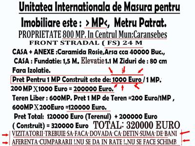 Proprietate 800 MP IN Centrul Mun:Caransebes, Pret Calculat in Unitate de Masura:MP