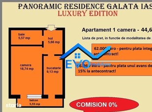 Apartament 1 camera, 44,64 mp, decomandat, de vanzare in Galata Iasi