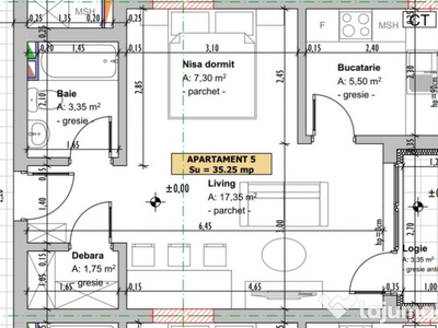 Apartament cu o camera +nisa de dormit, 35,25 mp, semifinisa