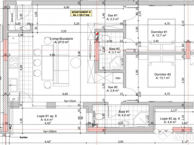 Apartament semifinisat, 65,7 mp, lift, bloc nou, Catanelor,