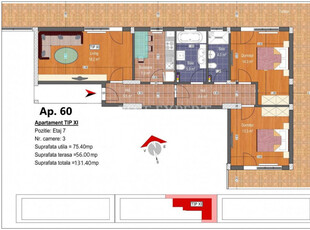 Apartament 3 camere cu terasa 56 mp Mutare Imediata