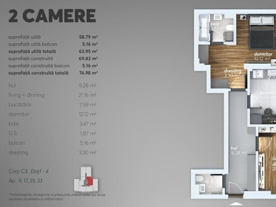 Apartament 2 camere cu 2 bai 64mp Brancoveanu - Mall Grand Arena
